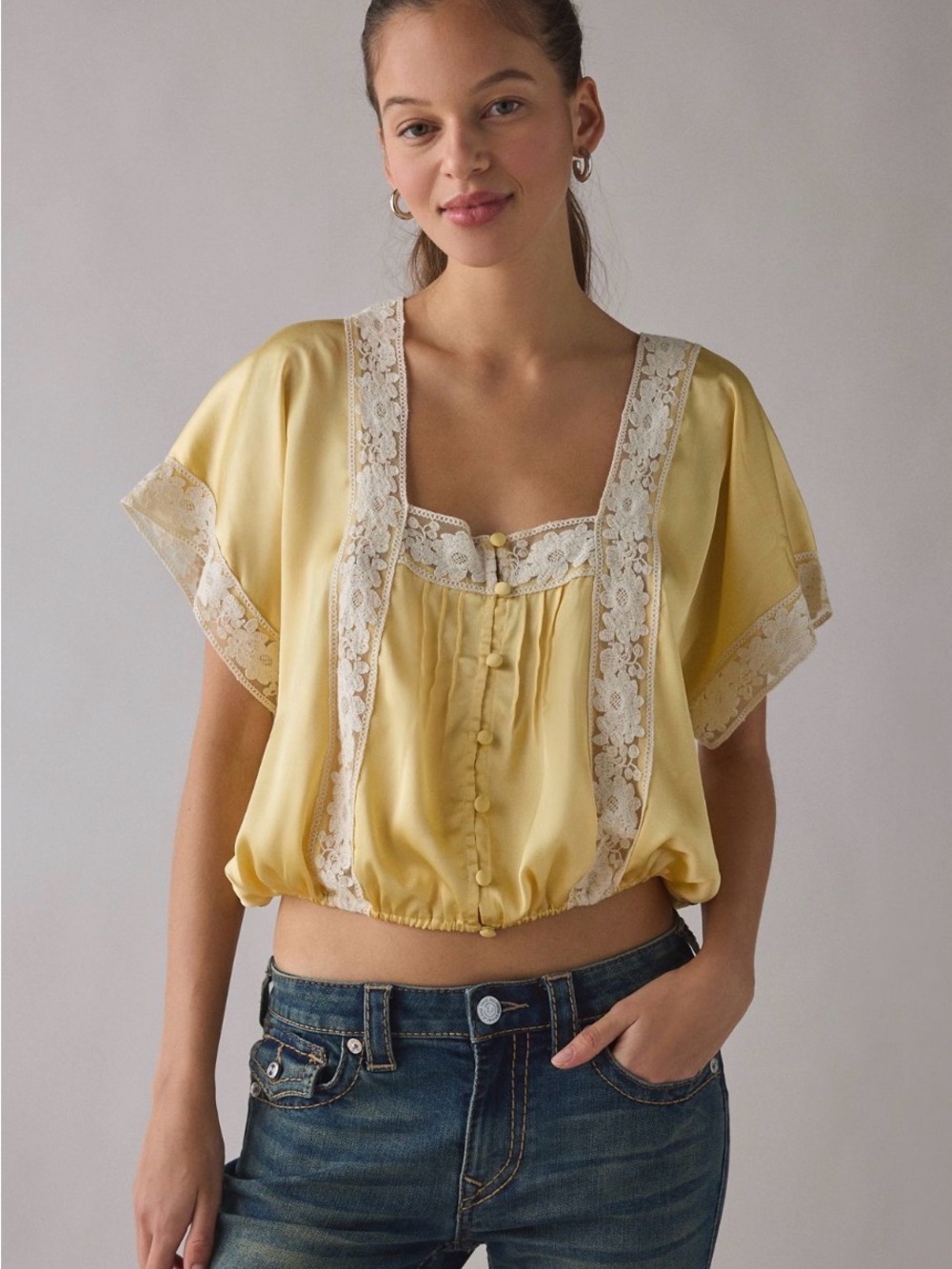 NWT Urban Outfitters Kimchi Blue Ada Short Sleeve Lace Trim Satin Blouse